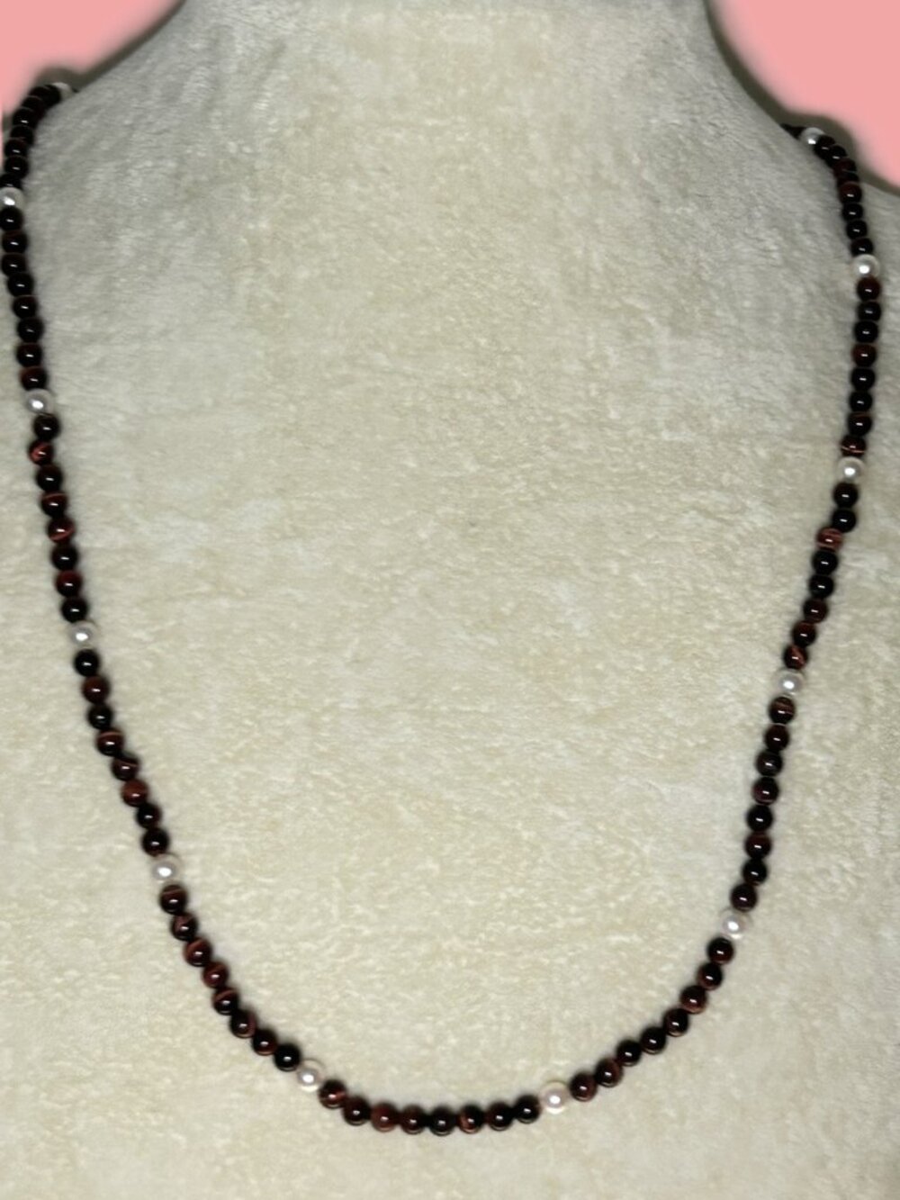 Red Burnt Tiger-Eye Beads and Cultured Pearl Necklace.